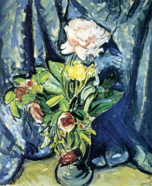 Flowers Against a Blue Drape