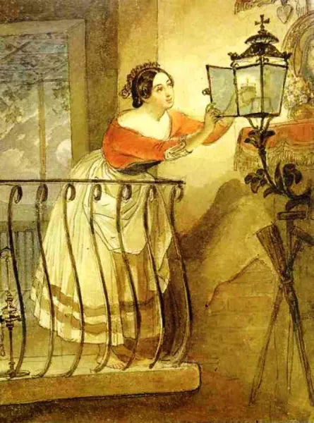 Italian Woman Lightning a Lamp Before the Image of Madonna