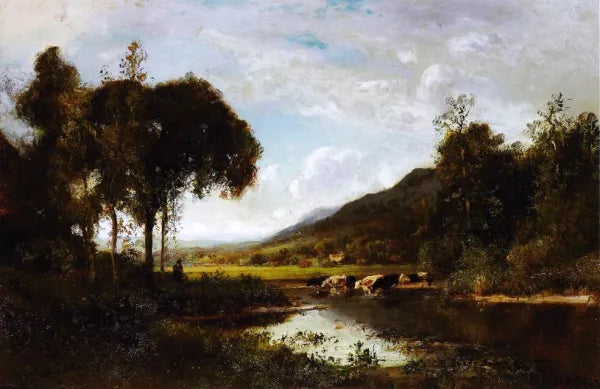 Cattle Watering at a Pond with a Shepherd Nearby