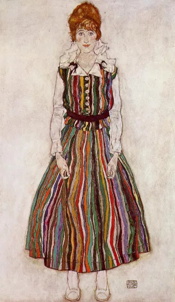 Portrait of Edith Schiele in a Striped Dress