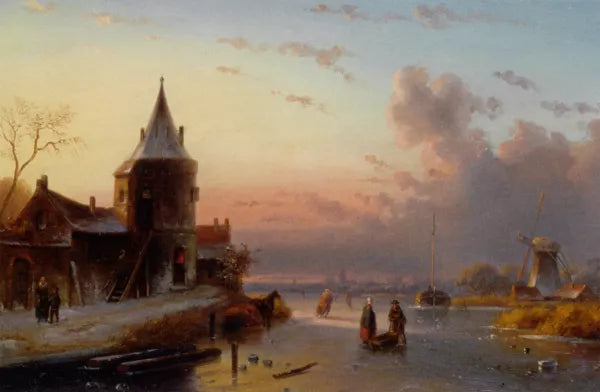 Skaters on a Frozen River at Dusk