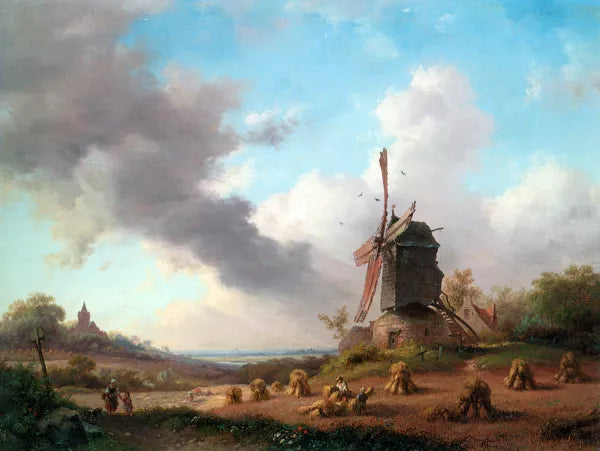 Summer Landscape with Harvesting Farmers