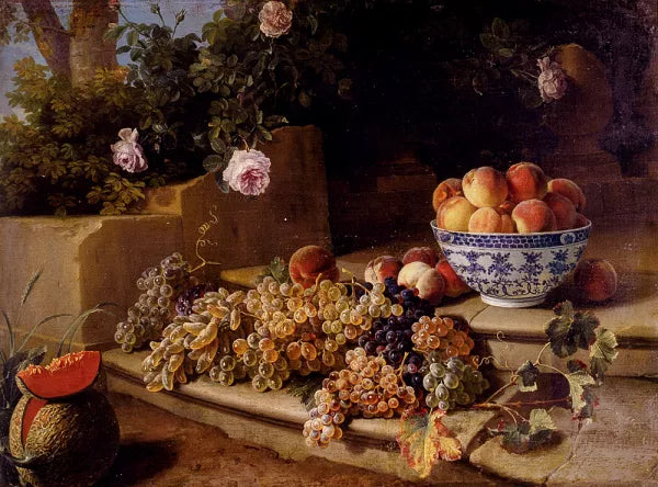 Still Life of Grapes, Peaches in a Blue and White Porcelain Bowl and a Melon, Resting on a Stone Stairway