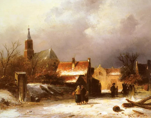 Figures on a Snow Covered Path with a Dutch Town beyond