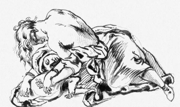 Yound Woman Leaning over a Woman Stretched out on the Ground