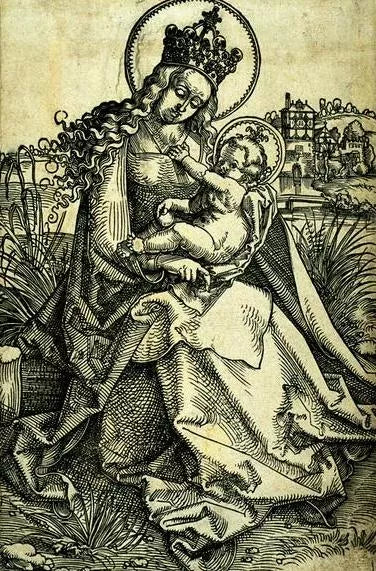 Madonna and Child on a Grassy Bench