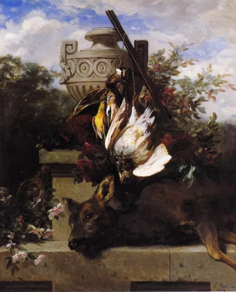 Still Life with Game and a Rifle on a Marble Ledge with an Urn in a Flowery Landscape