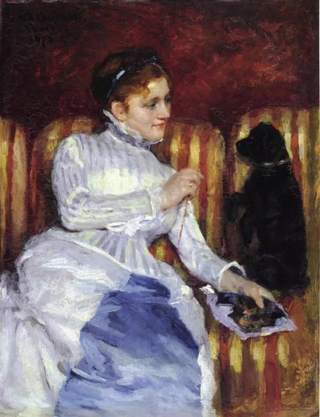 Woman on a Striped with a Dog also known as Young Woman on a Striped Sofa with Her Dog