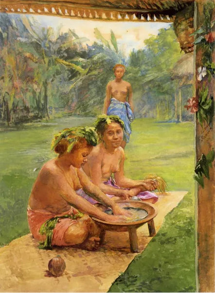 Young Girls Preparing Kava. Outside of the Hut Whose Posts are Decorated with Flowers; the Attendant, Standing in the Background is there to Hand the Cocoanut Cup When Filled