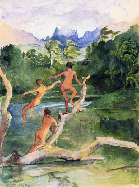 Girls Bathing on the Shore near Papeete in an Outlet of the River Fautaua. The Diadem or Crown Mountain in Distance Northwest Wind Blowing - Later Afternoon February