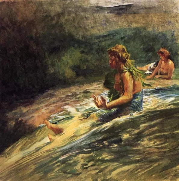 Girl Sliding down Water Fall, Banna Leaf Around Her Body