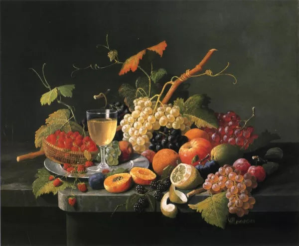 Fruit on a Marble Ledge with Wine Glass
