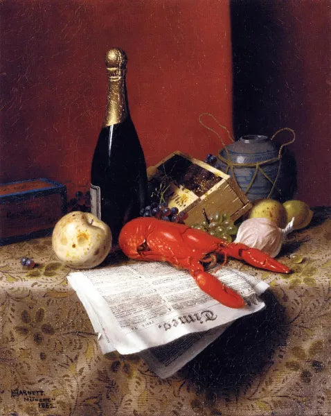 Still Life with Lobster, Fruit, Champagne and Newspaper