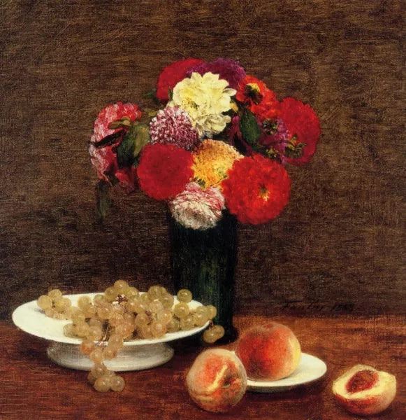 Still Life: Dahlias, Grapes and Peaches