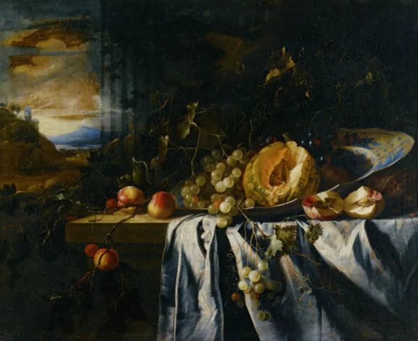 Still life with Watermelon in Porcelain Bowl with Grapes Peaches on a Wooden Ledge Landscape Beyond