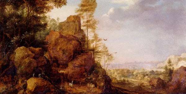 A Mountainous Landscape with a Rocky Outcrop by The Edge of a Wood, Goats and a Reindeer Resting by a Waterfall, a Village in an Extensive Landscape Beyond