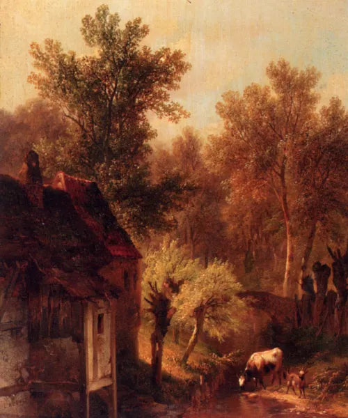 A Wooded Landscape with Cattle and a Cottage Along a Brook