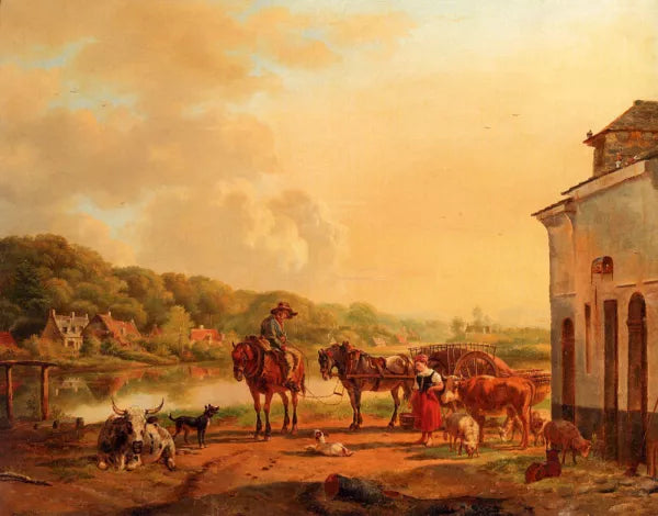 A Sunlit River Landscape with Peasants Conversing by a Barn