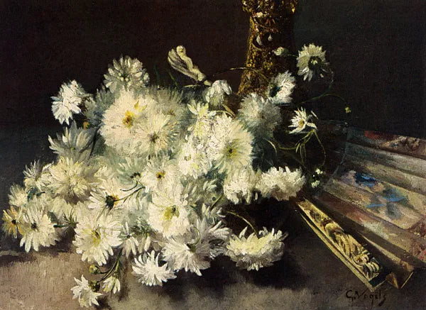 A Still Life With Chrysanthemums And A Fan