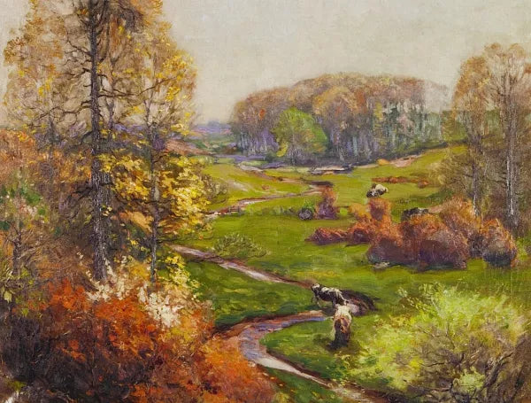 Spring Landscape with Meandering Stream and Cows