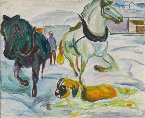 Horse Team and a St. Bernhard in the Snow